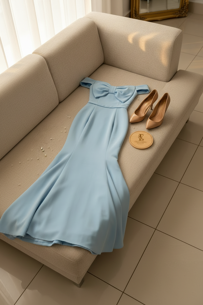 Vestido Formal Azul Cielo Off-Shoulder con Lazo cod.500