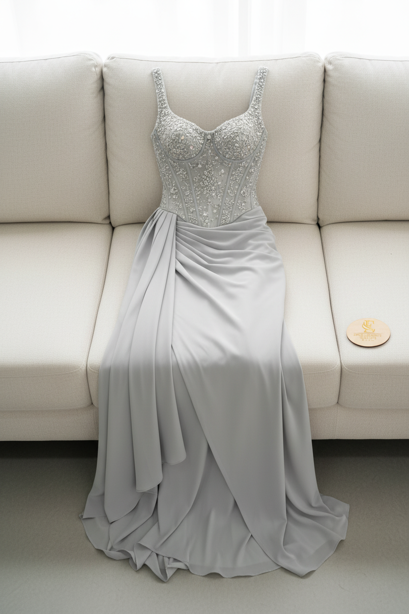 Vestido Gris Plateado Corset Bordado