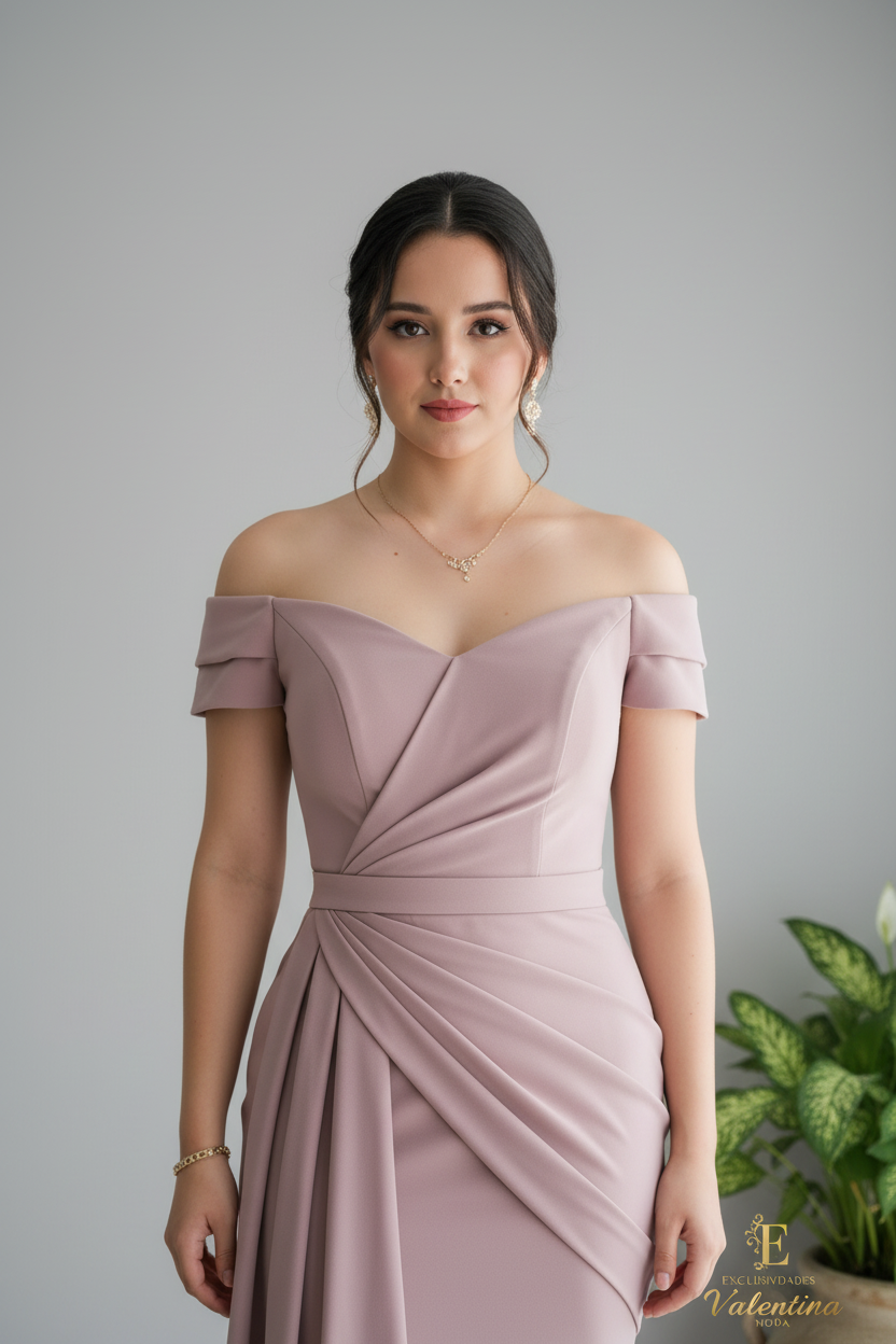 Vestido Rosa Palo Off-Shoulder Drapeado Capas cod.918