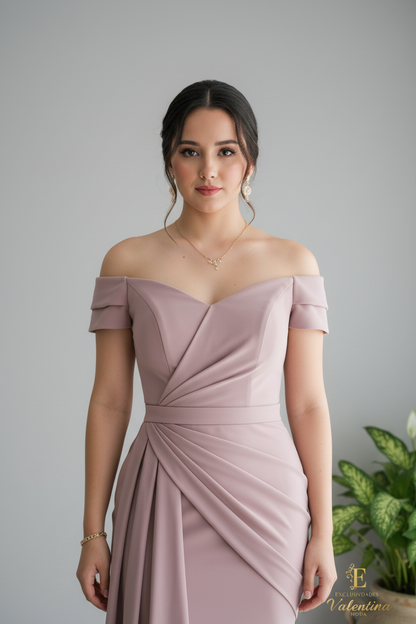 Vestido Rosa Palo Off-Shoulder Drapeado Capas cod.918