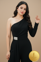 Enterizo Negro One-Shoulder Palazzo Hebilla Cristales Cierre Invisible cod.00105
