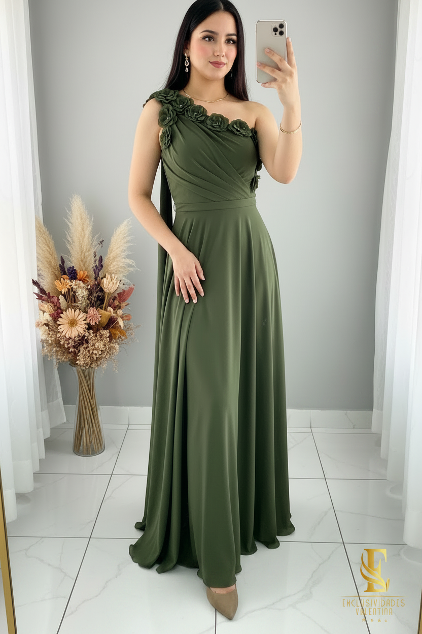 Vestido Verde Oliva Largo Un Hombro Rosas 3D Falda Evasé cod.V297