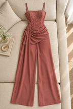 Enterizo Rosa Terracota Bustier Perlas Drapeado Lateral Pantalón Recto cod.E0005