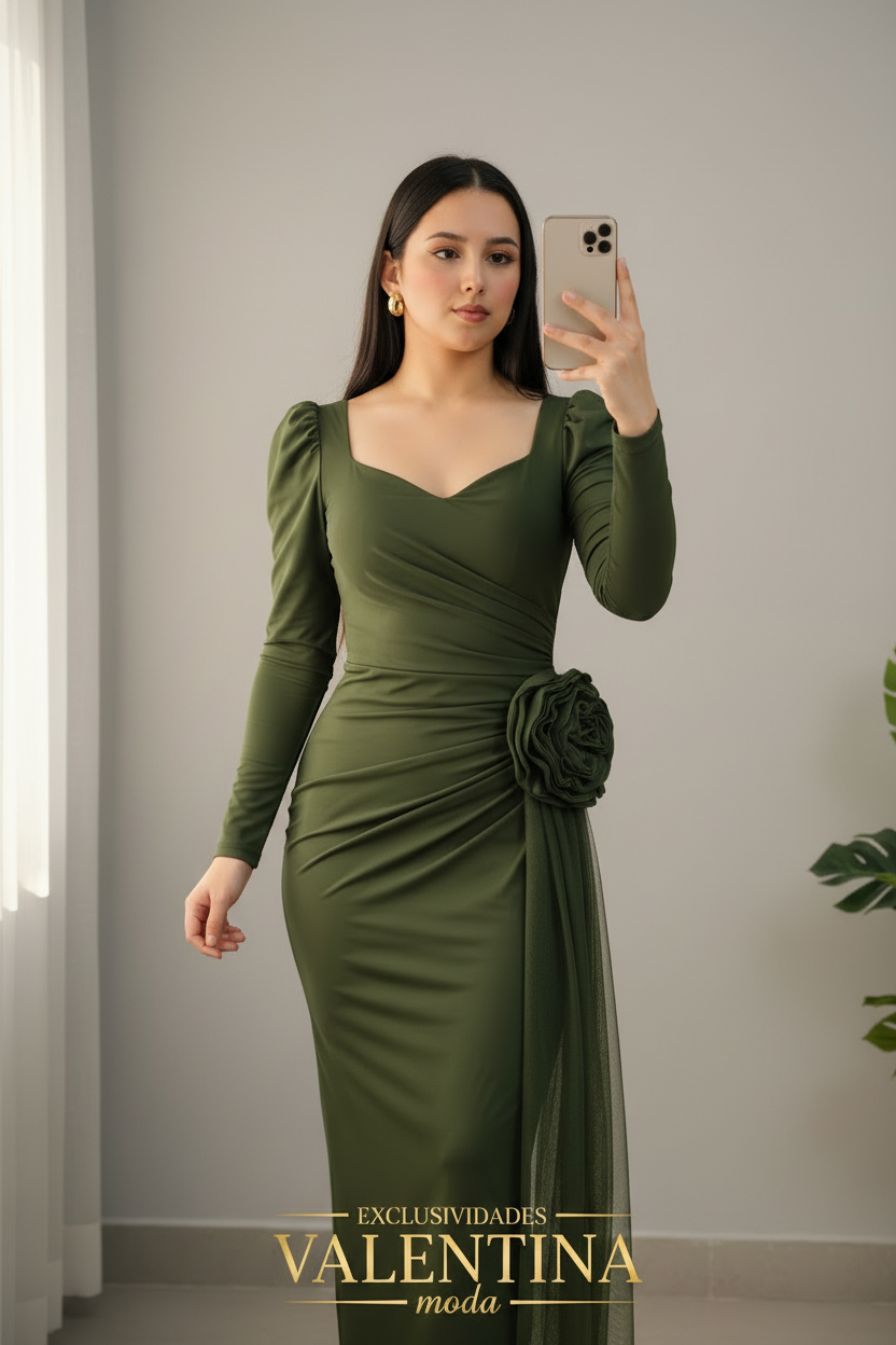 Vestido Verde Olivo Rosa D3 cod.V724