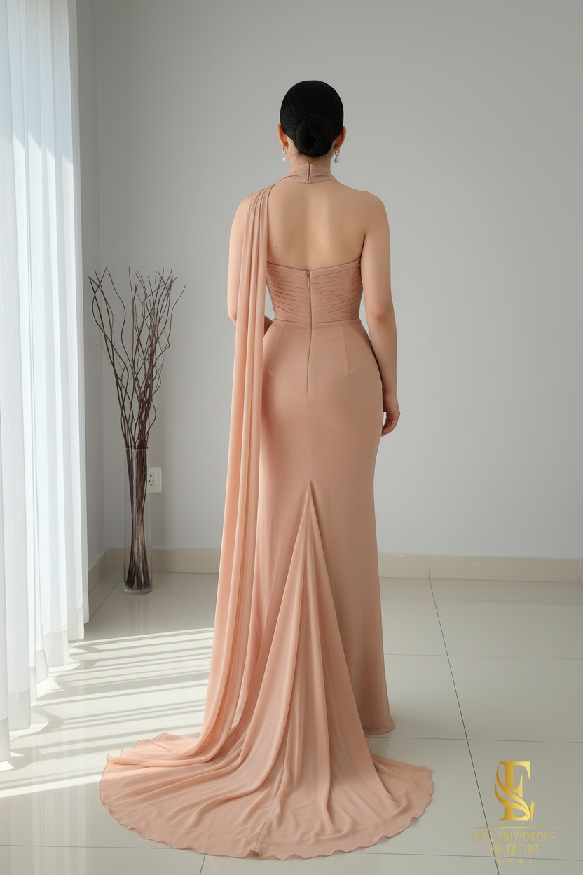 Vestido Nude Strapless Sirena con Flor 3D y Capa Chifón cod.V351