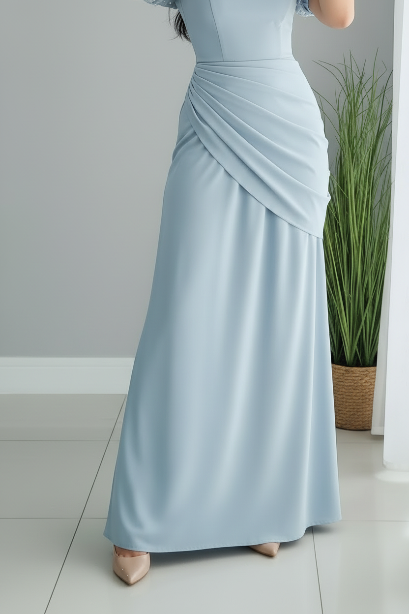 Vestido Pearl Blue – Gown Azul Cielo Mangas Puff de Perlas & Drapeado Griego cod.688