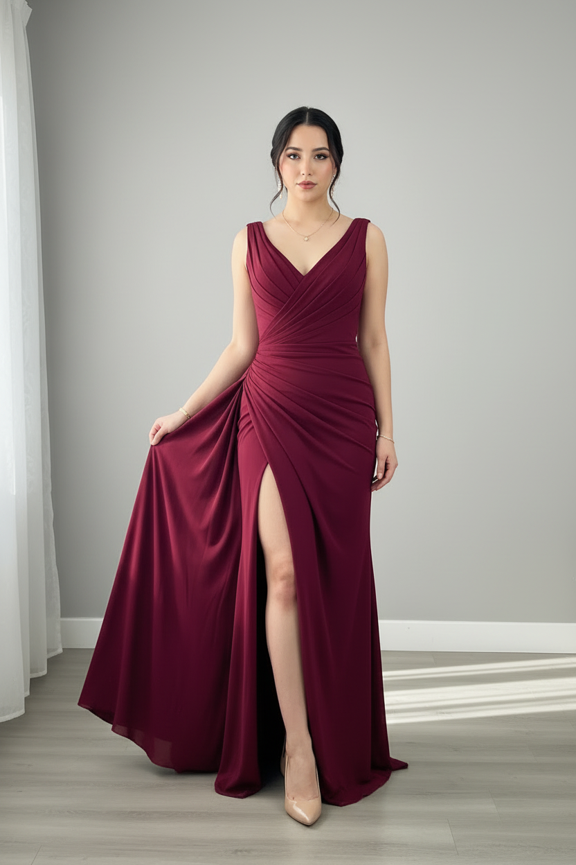 Vestido Largo Vino Borgoña — Escote V Cruzado, Drapeado Frontal & Abertura Lateral cod.890