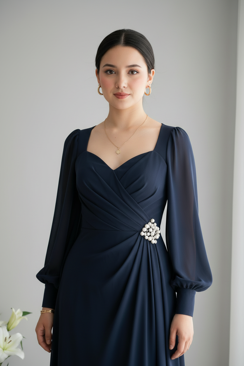 Vestido azul marino manga larga gasa C.1929