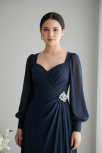 Vestido azul marino manga larga gasa C.1929