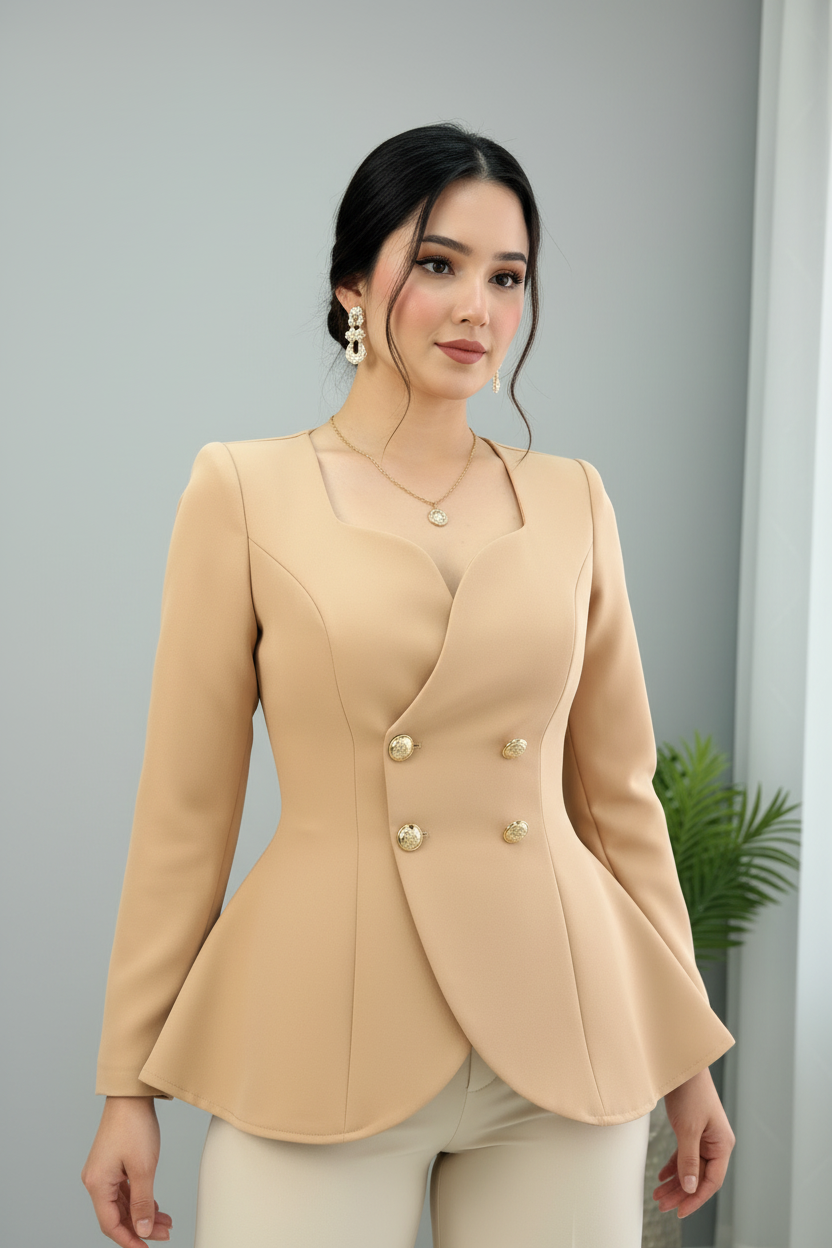 Conjunto Dos Piezas Camel — Blazer Peplum & Pantalón Palazzo cod.874
