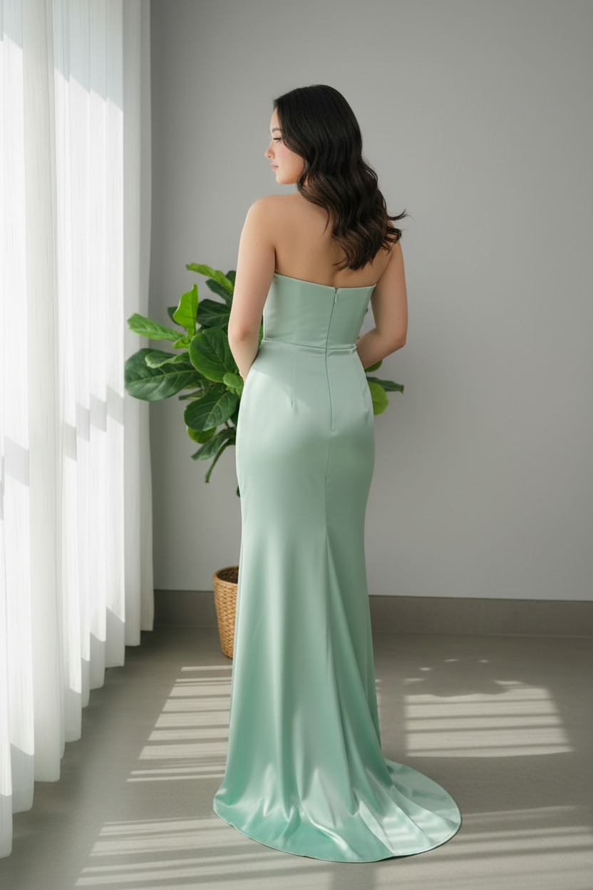 Vestido Verde Menta Satinado Strapless con Abertura cod.726