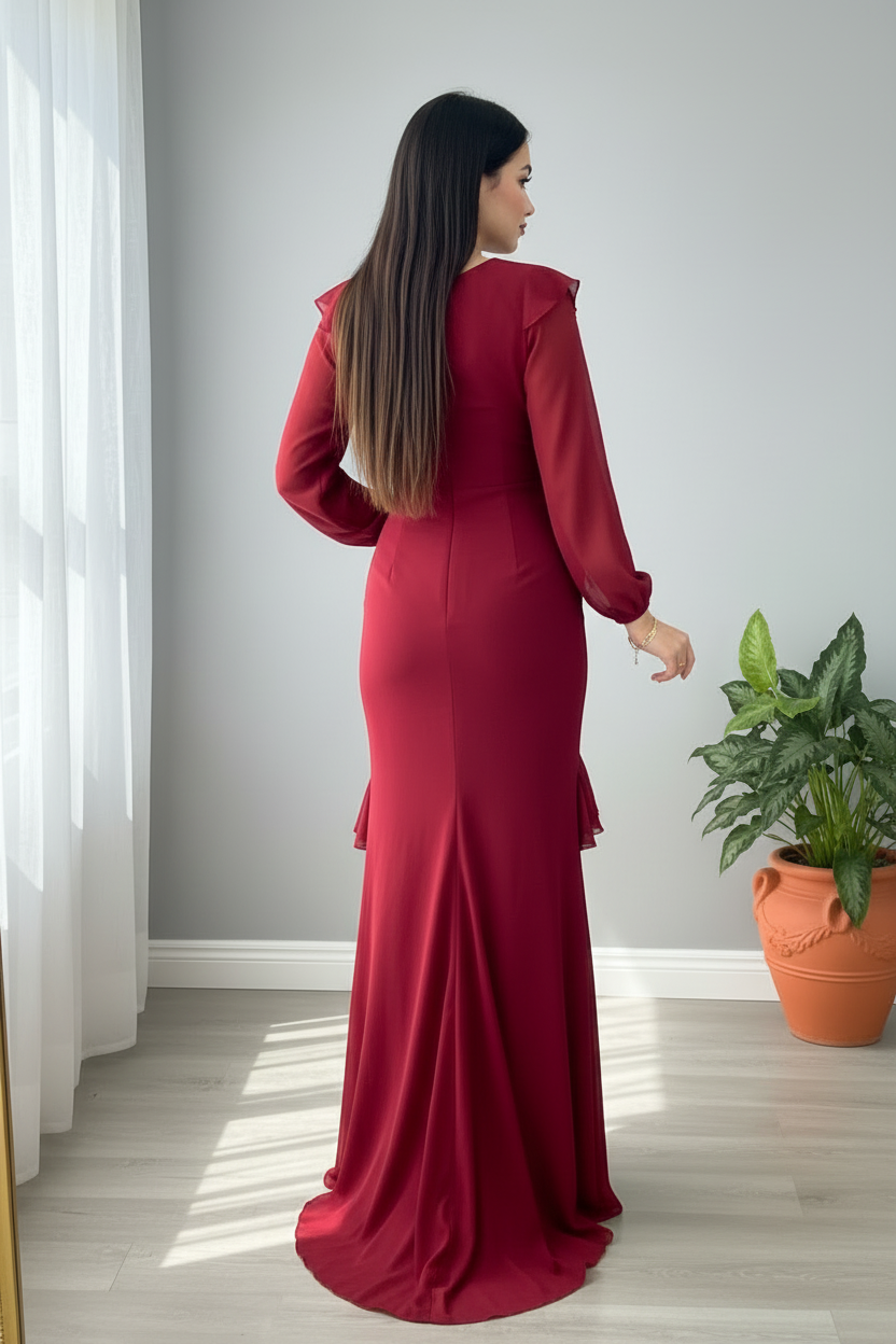 Vestido Vino Manga Larga Sirena con Volantes cod.954