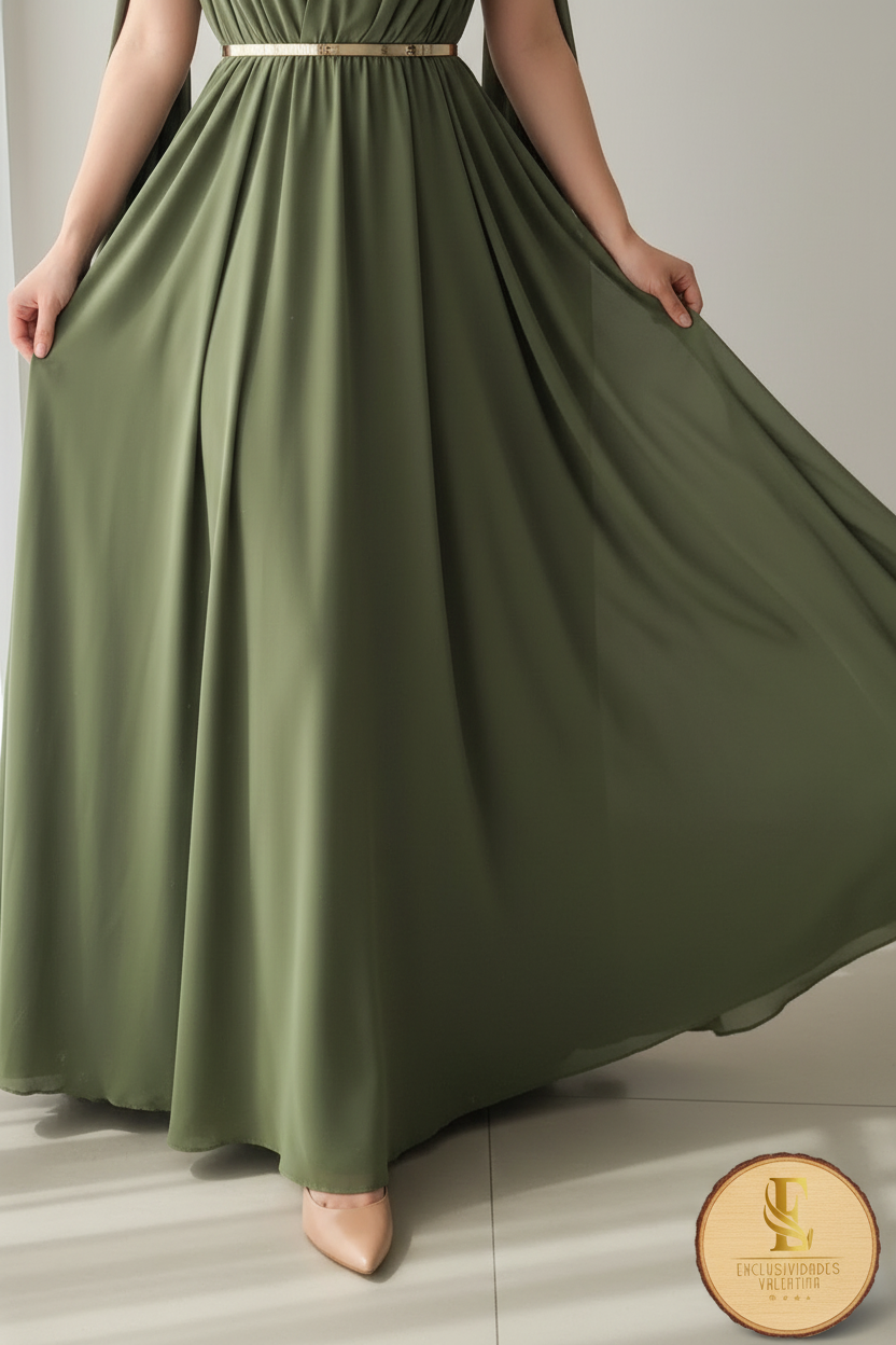 Vestido Verde Olivo Chiffon Escote V con Capa y Rosa cod.0095