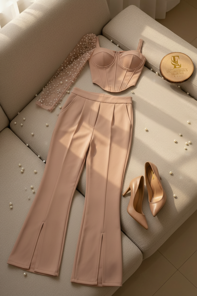 Conjunto Dos Piezas Nude Blush Corset con Manga de Tul y Perlas y Pantalón Wide Leg cod. 535