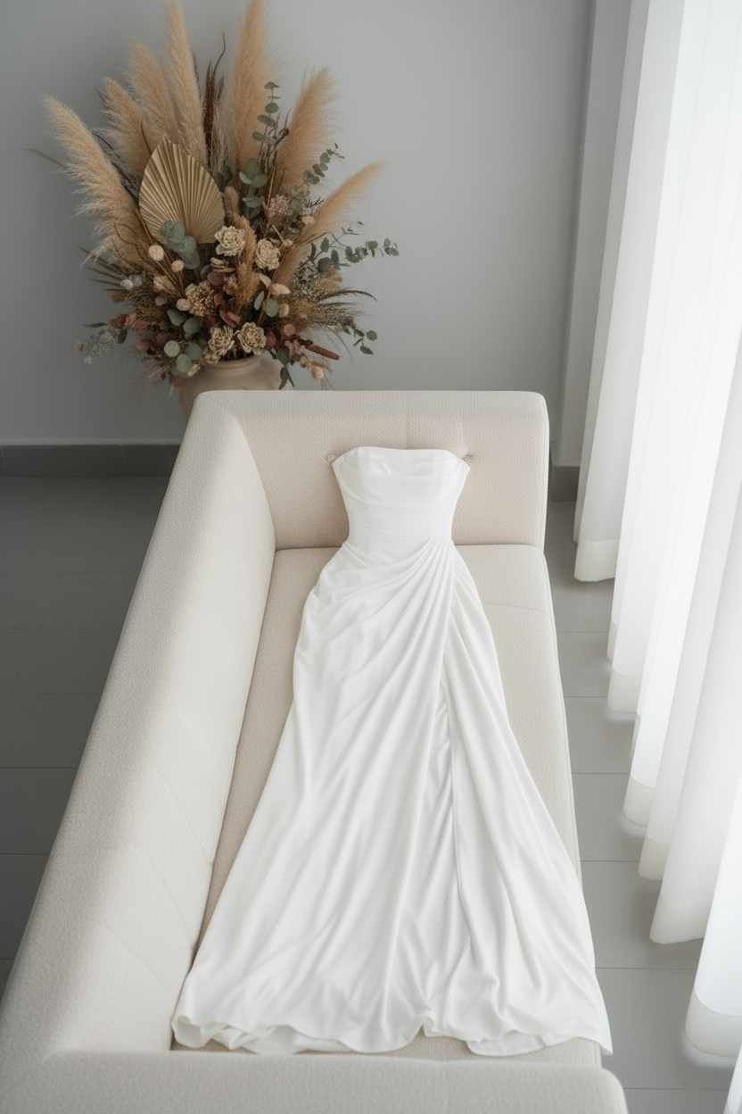 Vestido Blanco Strapless Drapeado con Abertura Lateral cod.V678