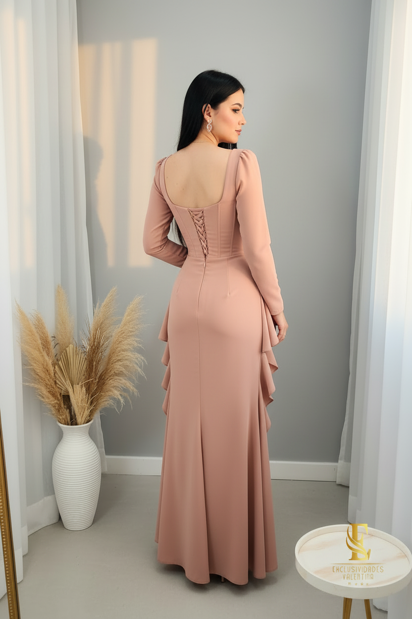 Vestido Rosa Nude Corset Flores 3D Peplum cod.00169