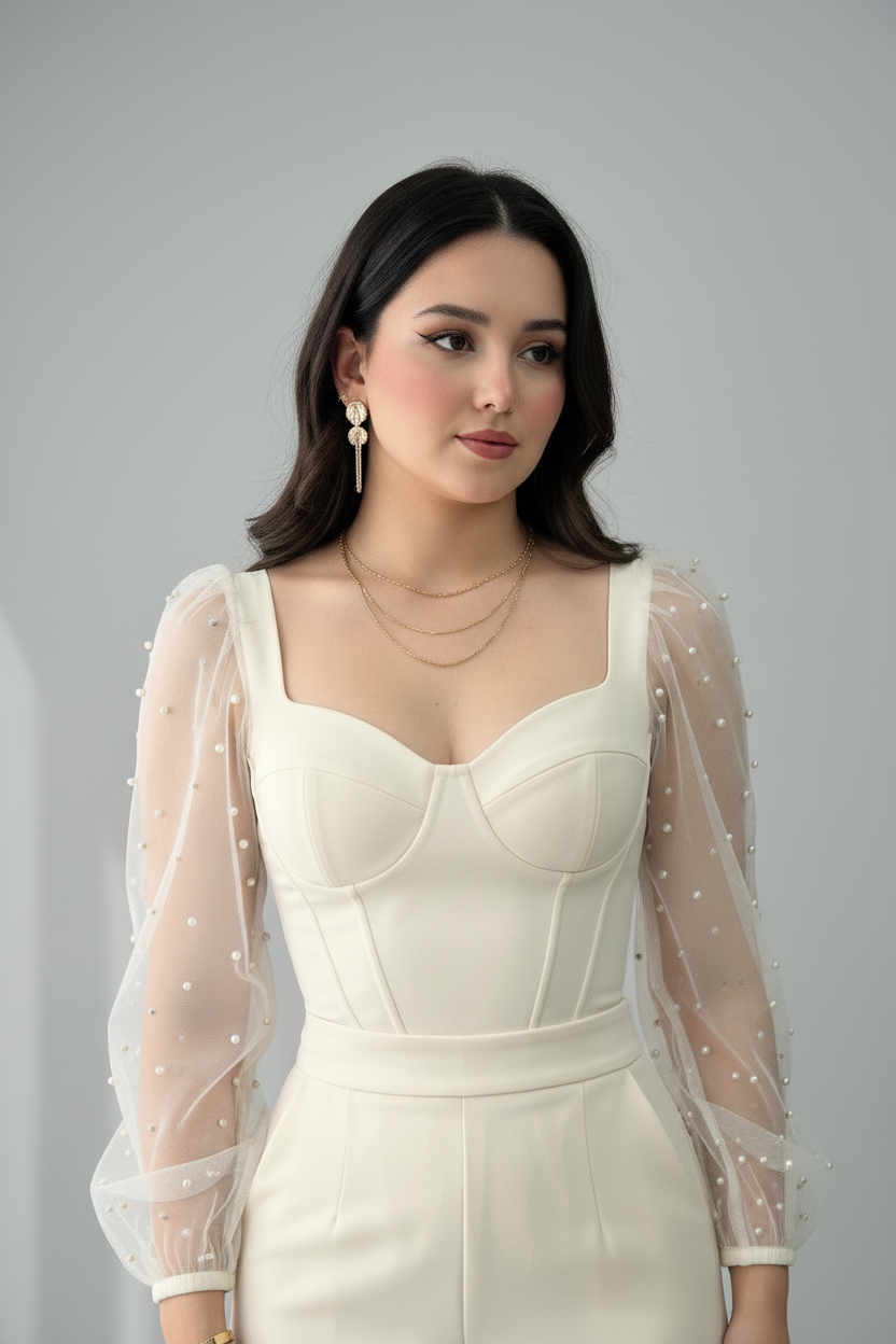 Conjunto Crema Corset con Mangas Tul de Perlas y Pantalón cod.649