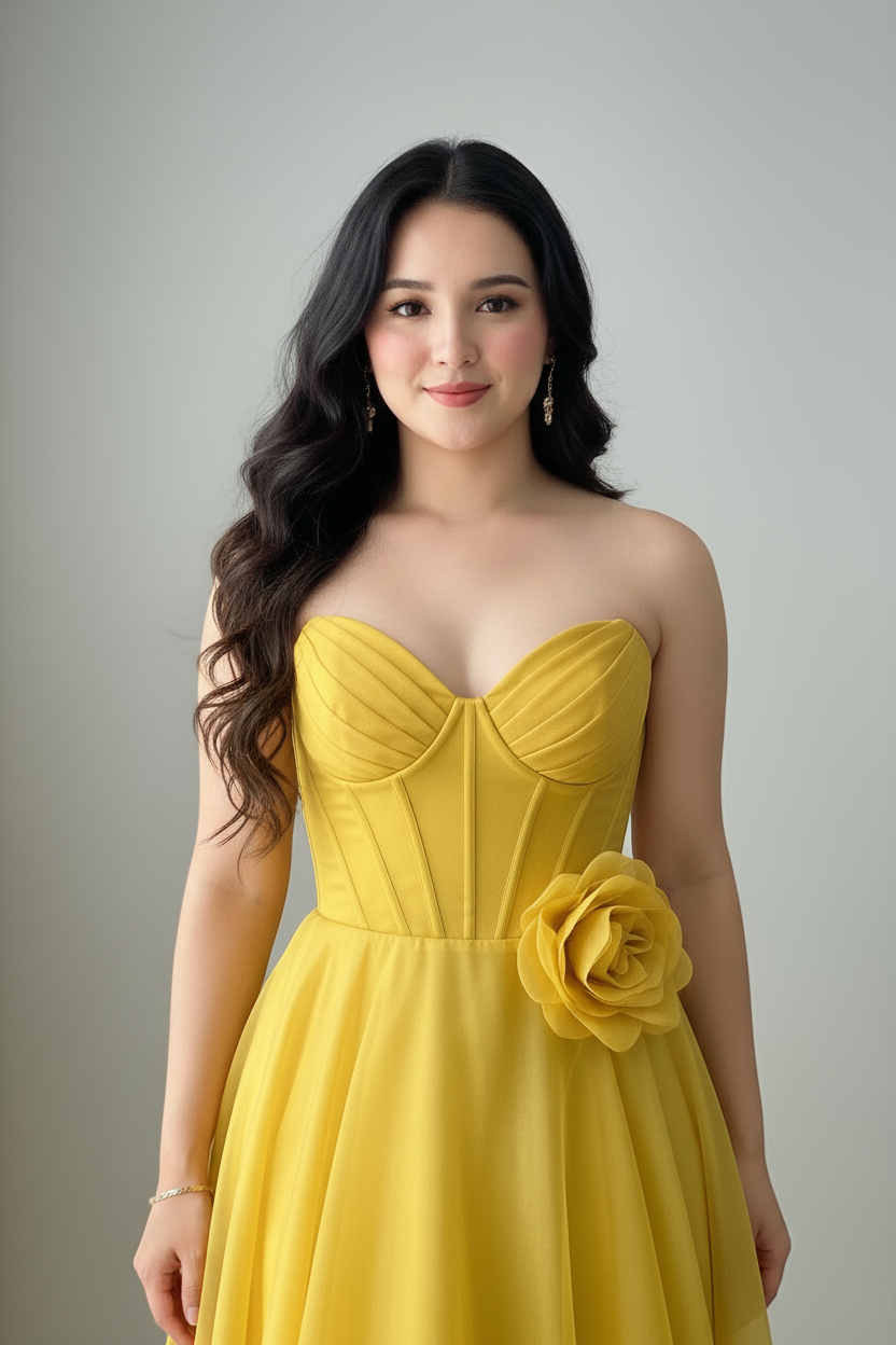 Vestido Amarillo Sol Strapless Corsé con Rosa 3D y Falda Organza Maxi cod.981