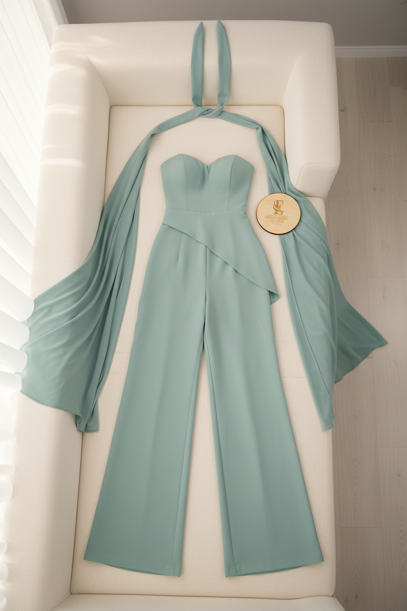 Conjunto Verde Agua — Escote Corazón Strapless, Capa Chifón & Pantalón Palazzo cod.903
