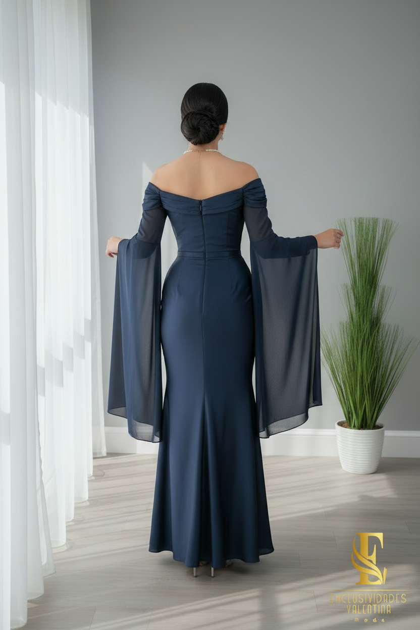 Vestido Azul Marino Off-Shoulder con Mangas Campana cod.V667