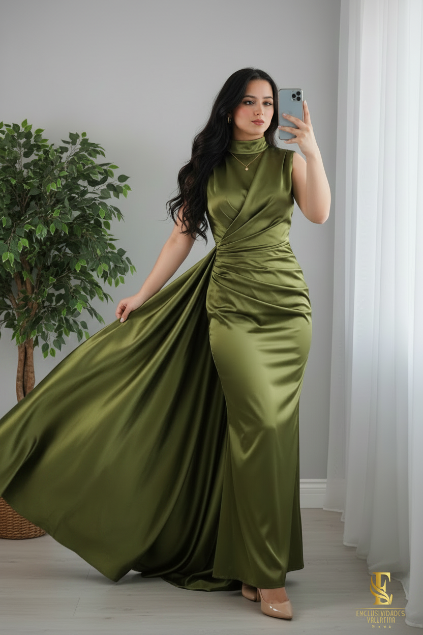 Vestido Verde Militar Satinado — Cuello Alto Drapeado con Capa Voluminosa cod.0051