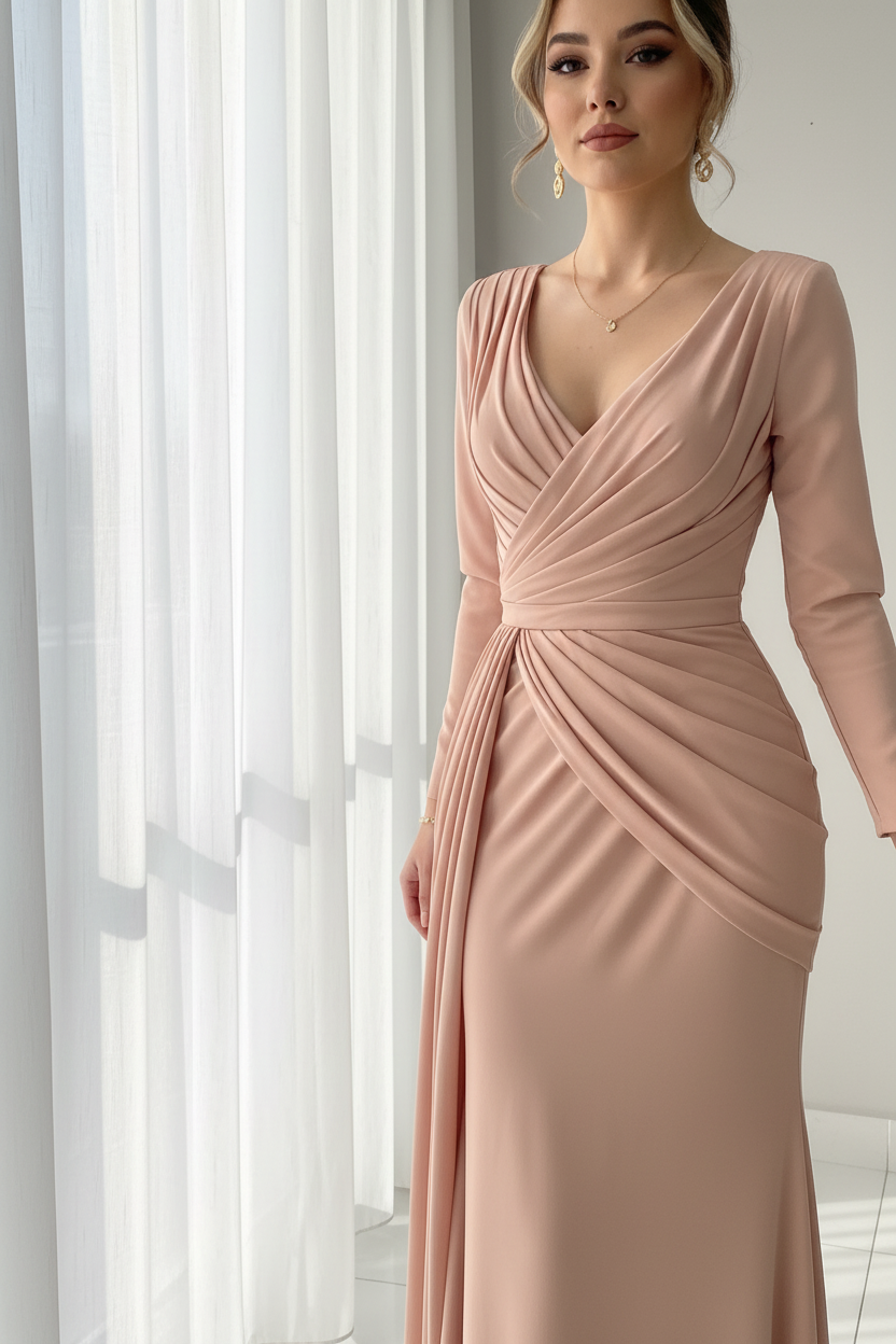 Vestido Rosa Palo Gala Escote V Manga Larga Drapeado cod.V581