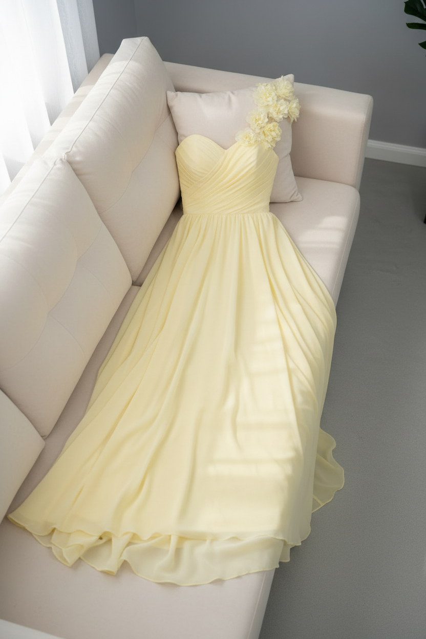 Vestido Amarillo Pastel Un Hombro con Flores 3D y Falda Chiffon Línea A cod.V611