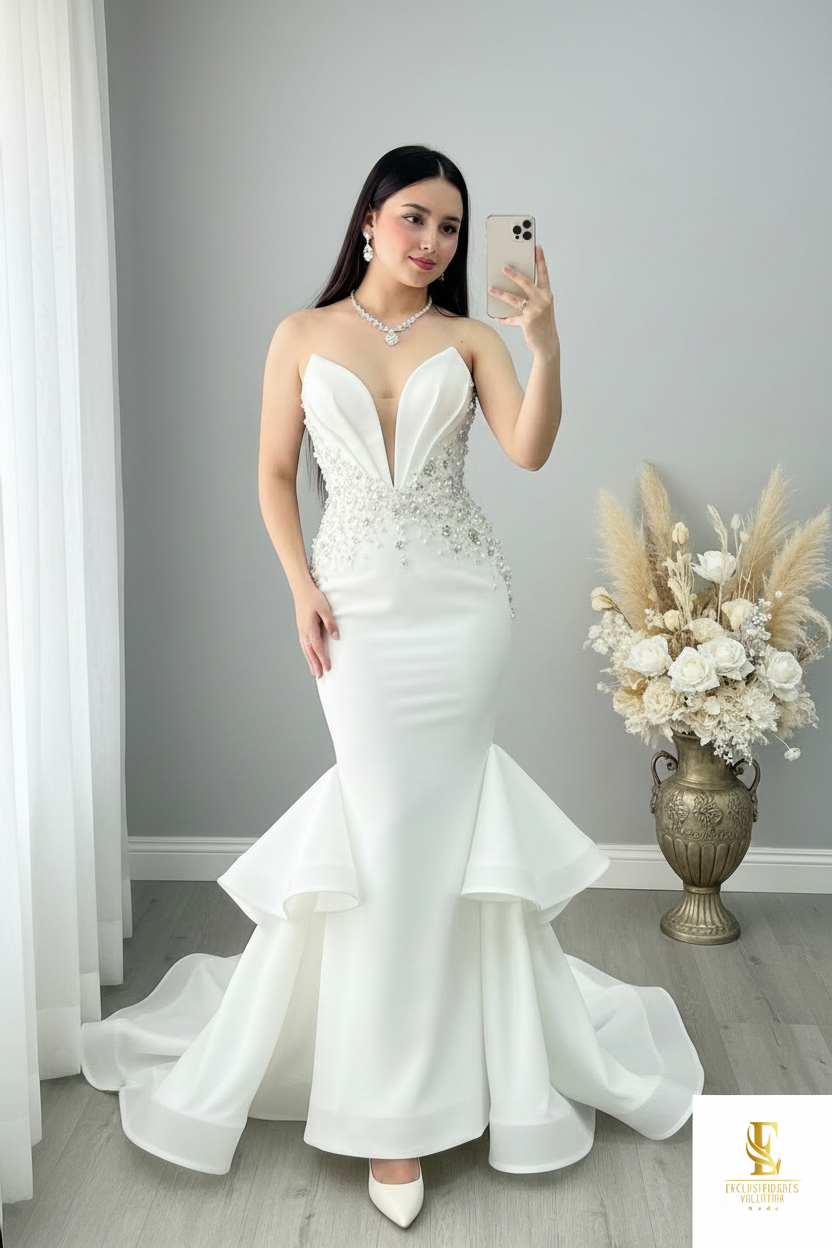 Vestido Novia Sirena Blanco | Pedrería y Volantes cod.V433