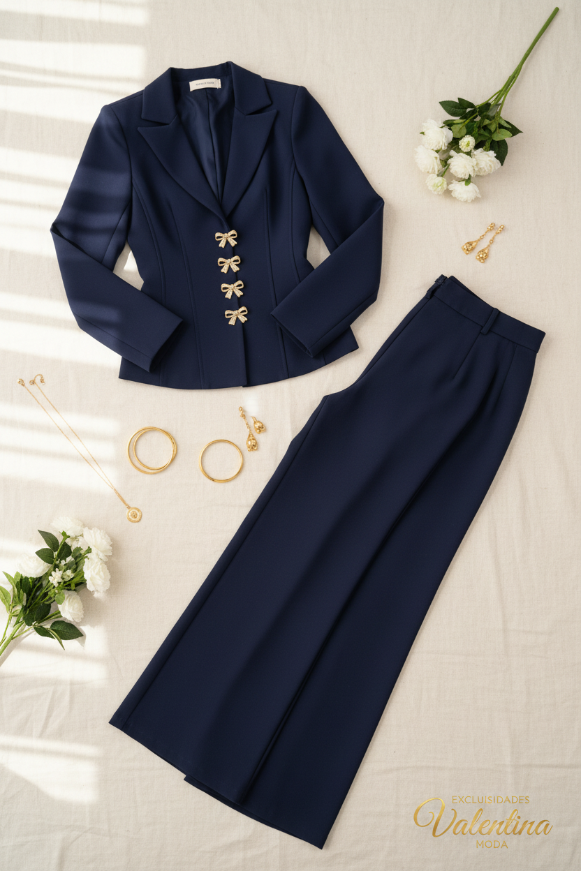 Conjunto Azul Marino Blazer Entallado Lazos Dorados y Pantalón Wide Leg — Elegante y Formal cod.0073