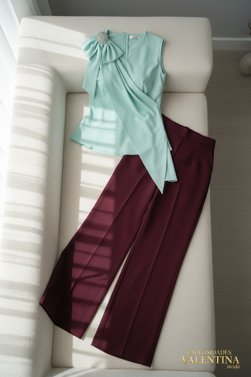 Blusa Menta Asimétrica Sin Mangas con Nudo y Broche de Cristal cod.B551