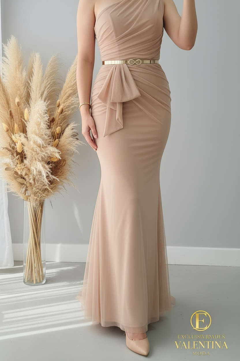 Vestido Sirena Champagne Un Hombro Tul Drapeado Lazo cod.V405