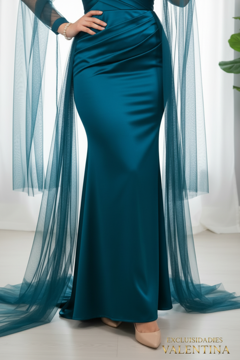 Vestido Petróleo · Sirena Mangas Tul cod.V270