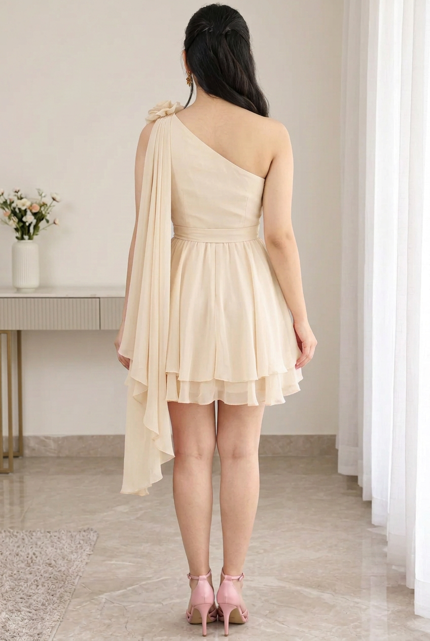 Vestido corto crema de un hombro con flor y volantes cod. VC037