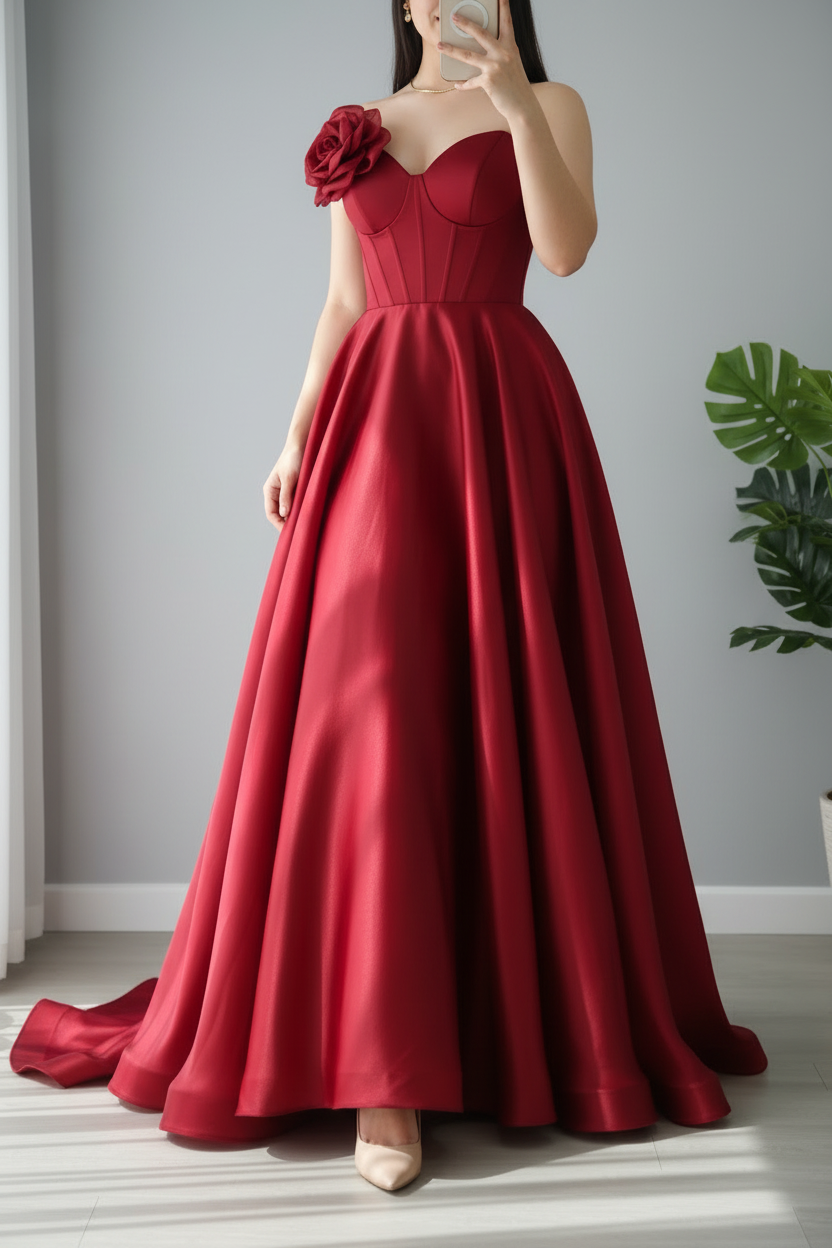 Vestido Rojo Vino Off-Shoulder Corsé con Rosa 3D y Falda Ball Gown cod.980
