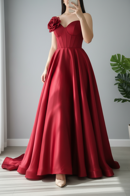 Vestido Rojo Vino Off-Shoulder Corsé con Rosa 3D y Falda Ball Gown cod.980