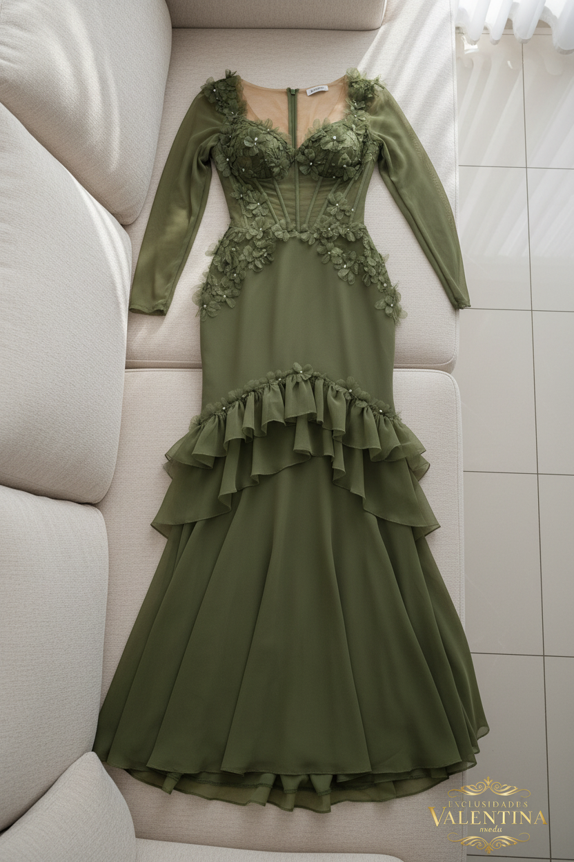 Vestido Verde Militar Manga Larga Corset con Bordado Floral y Volantes cod.V541