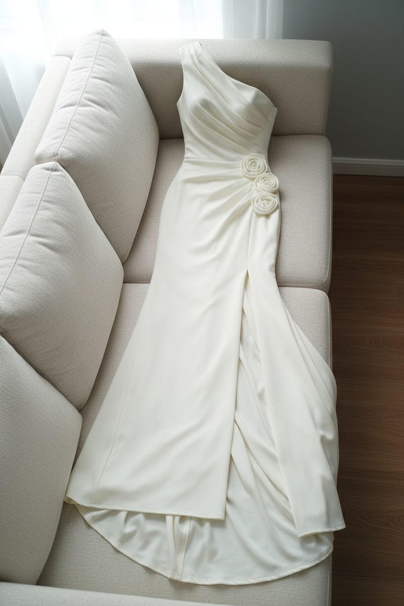 Vestido Crema Un Hombro Rosas 3D cod.V309