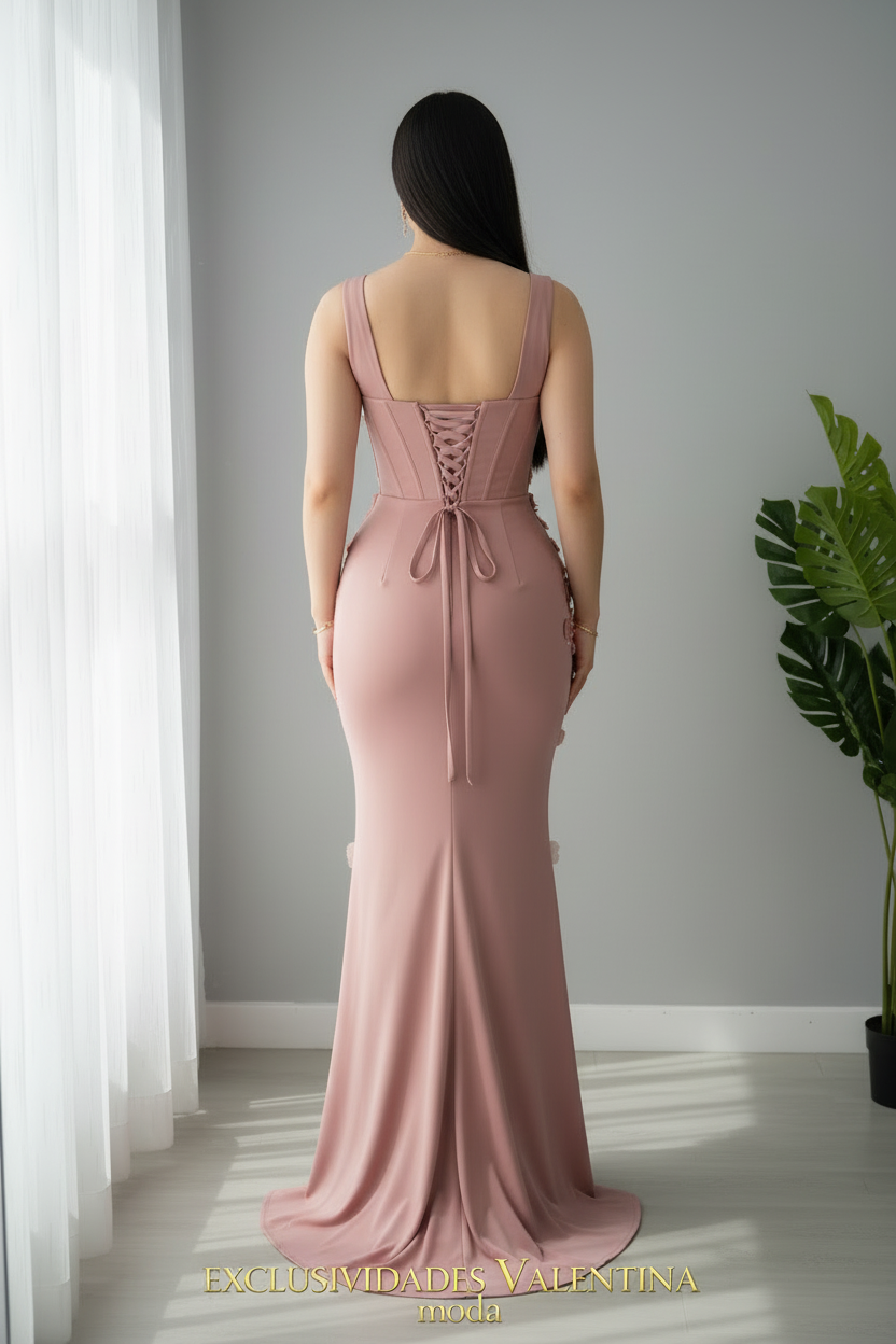 Vestido Maxi Rosa Palo Sirena con Cascada de Flores y Rosas D3 cod.V860