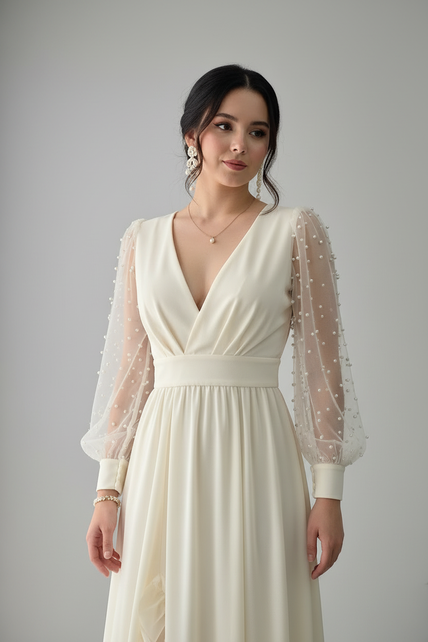 Vestido Blanco Crema Manga Tul Perlas Escote V Wrap Falda Asimetrica Volantes cod.834