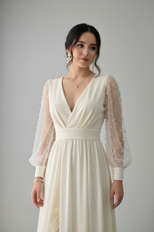 Vestido Blanco Crema Manga Tul Perlas Escote V Wrap Falda Asimetrica Volantes cod.834