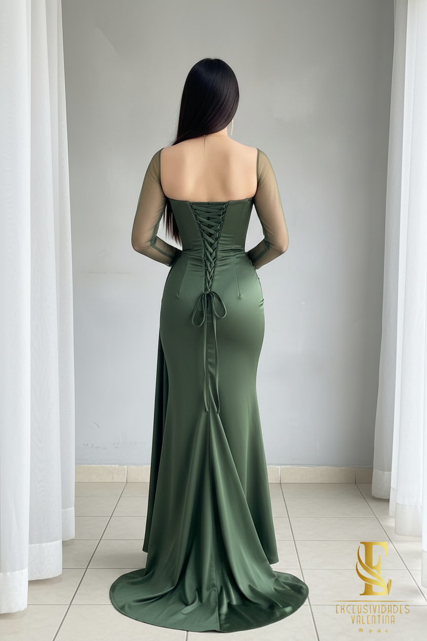 Vestido Verde Olivo Sirena con Corset y Mangas de Tul cod.V276