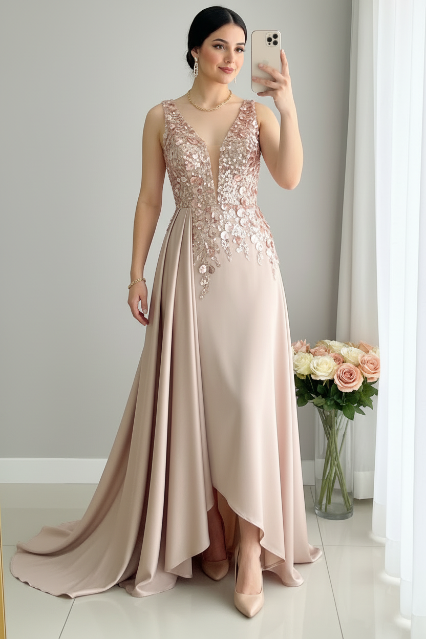 Vestido champagne bordado floral evasé C.1928
