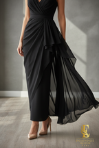 Vestido Negro Chiffon con Mangas Mariposa y Capa Drapeada cod.V674