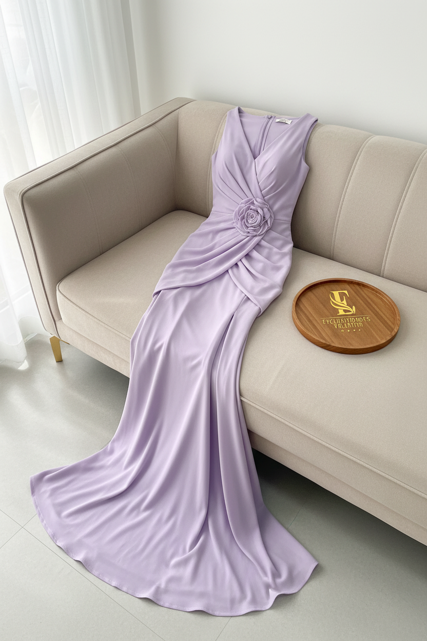 Vestido Lila Lavanda Sirena con Rosa 3D y Abertura cod.963