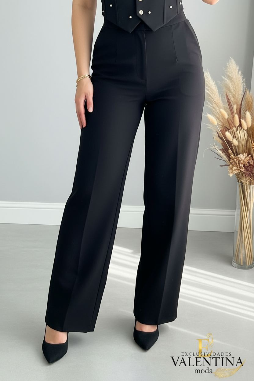 Conjunto Negro Corset con Perlas + Pantalón Wide-Leg cod.C783