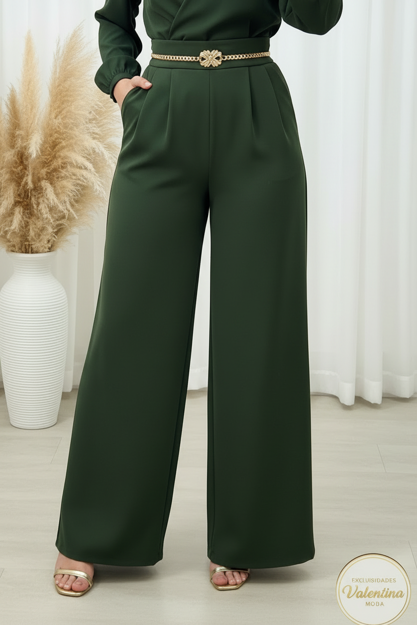 Conjunto Verde Oscuro Escote V con Cinturón Dorado cod.00126