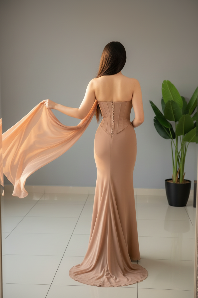 Vestido Nude Rose Sirena – Gown Nude Strapless con Rosa 3D & Tira Chifón cod.681