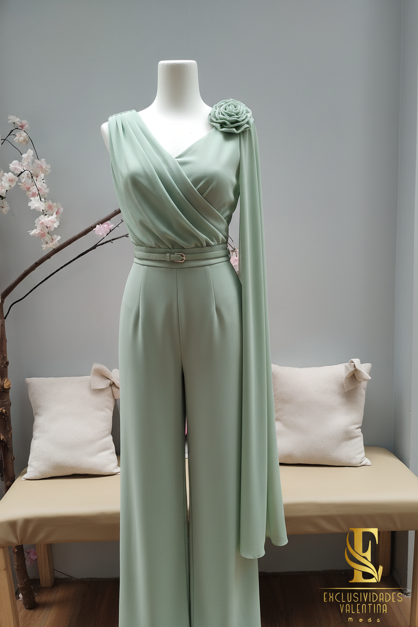 Conjunto Verde Sage Top Un Hombro Rosa 3D con Palazzo y Cinturón cod.C288