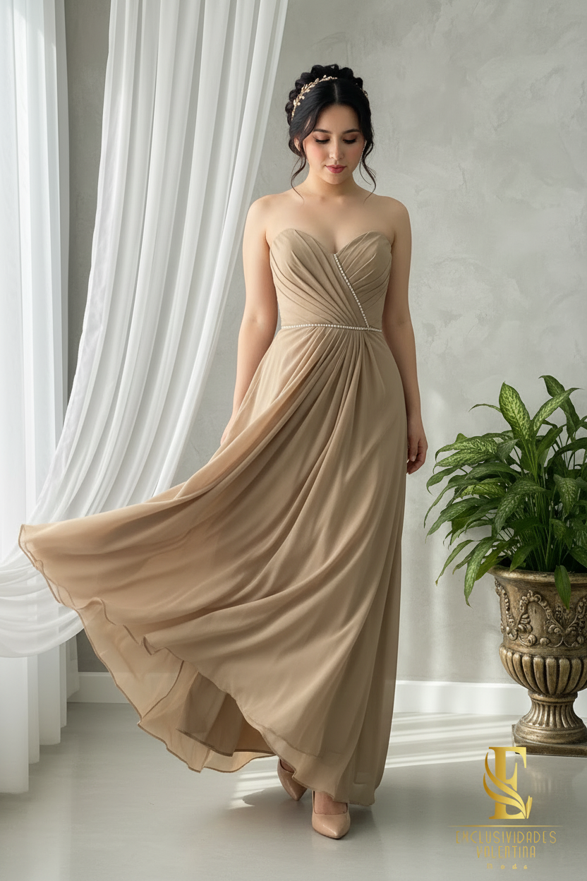 Vestido Champagne Chifón Strapless con Cinto de Perlas cod.0066