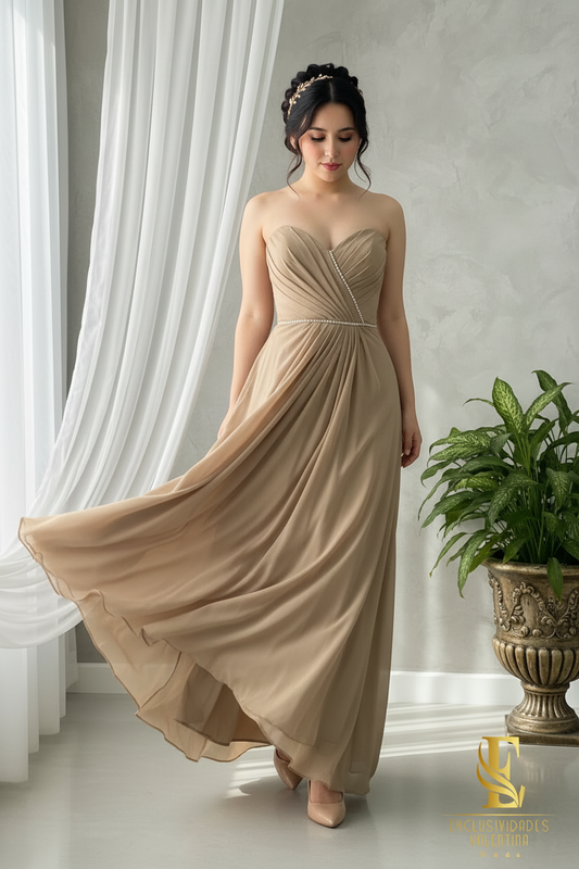 Vestido Champagne Chifón Strapless con Cinto de Perlas cod.0066